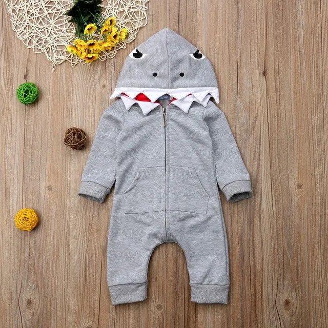 Baby Long Sleeve Scuba Romper: Pink/Grey Shark Hoodie