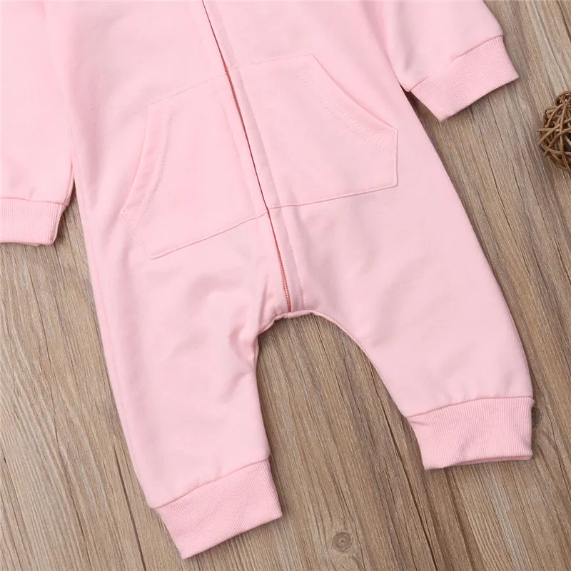 Baby Long Sleeve Scuba Romper: Pink/Grey Shark Hoodie