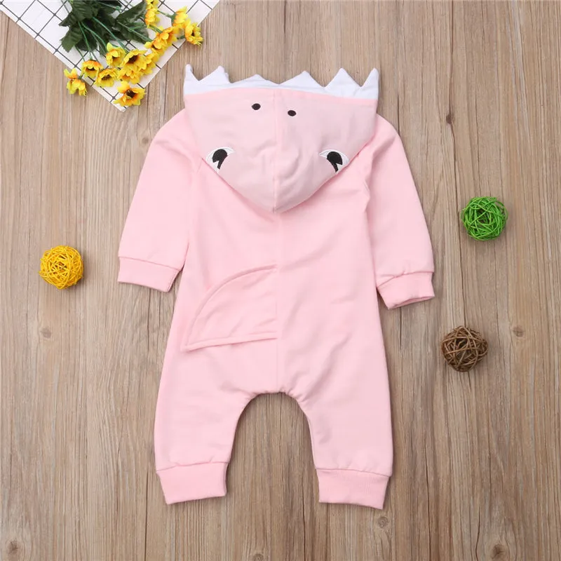 Baby Long Sleeve Scuba Romper: Pink/Grey Shark Hoodie