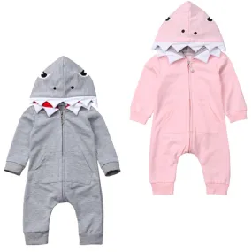 Baby Long Sleeve Scuba Romper: Pink/Grey Shark Hoodie