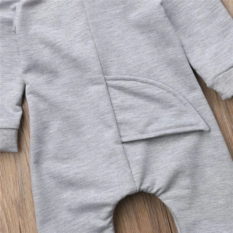 Baby Long Sleeve Scuba Romper: Pink/Grey Shark Hoodie