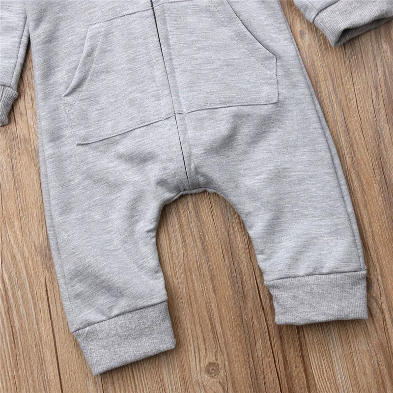 Baby Long Sleeve Scuba Romper: Pink/Grey Shark Hoodie