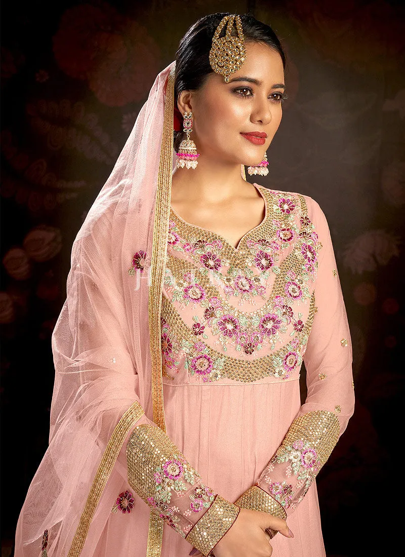 Baby Pink Multi Embroidered Wedding Anarkali Suit