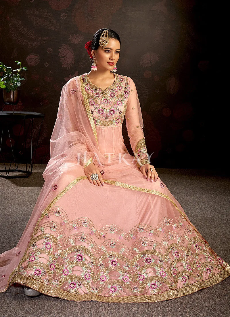 Baby Pink Multi Embroidered Wedding Anarkali Suit