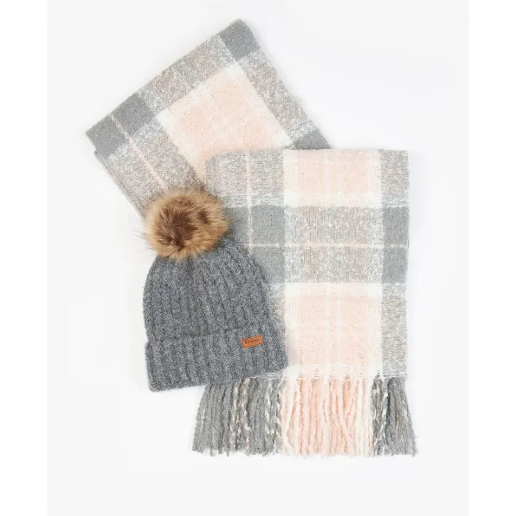 Barbour Saltburn Hat & Tartan Scarf Grey Rose LGS0077