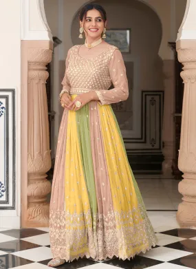 Beige Multicoloured Mirror Work Embroidery Anarkali Gown