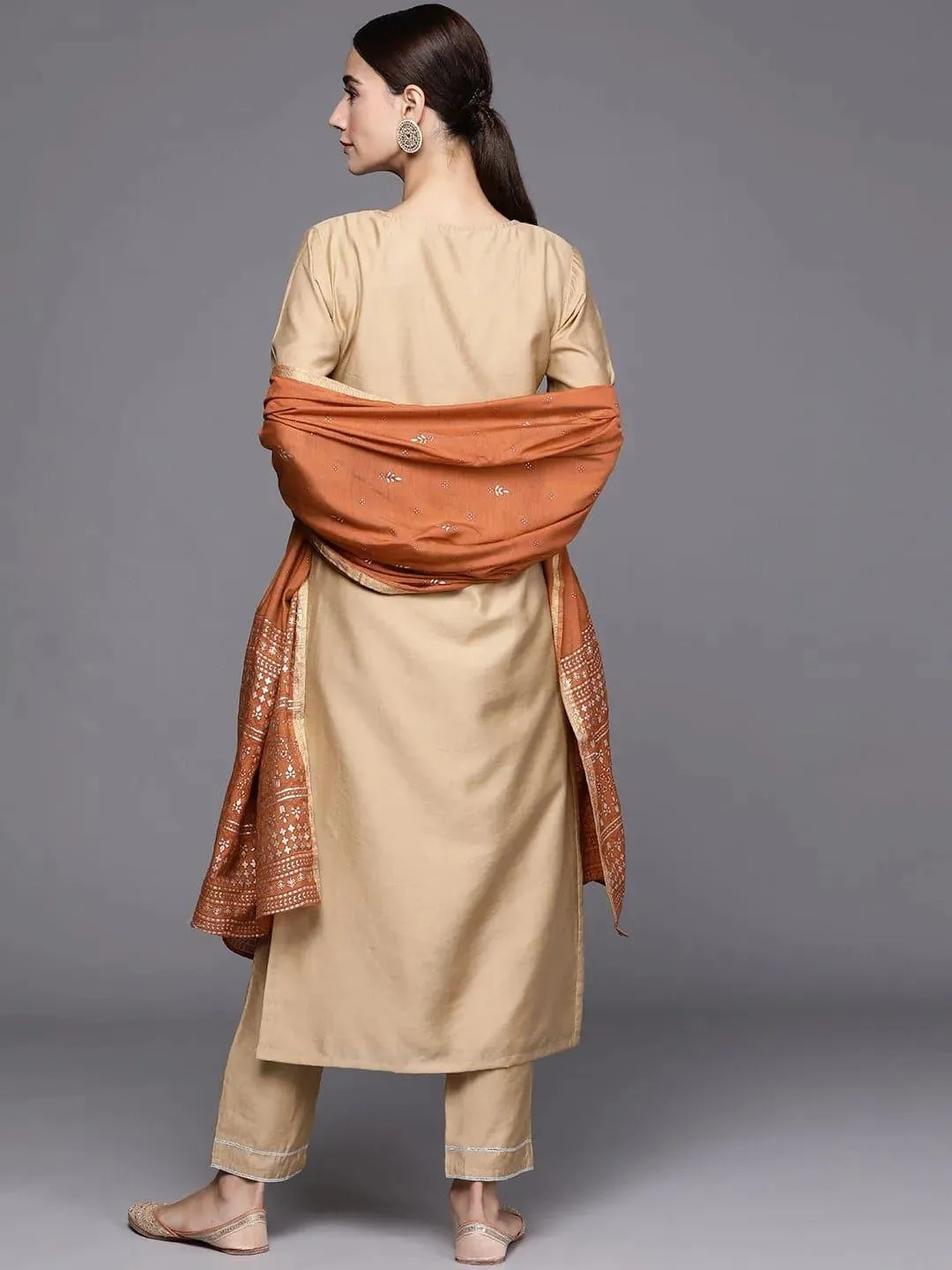 Beige Solid Chanderi Silk Straight Kurta With Dupatta