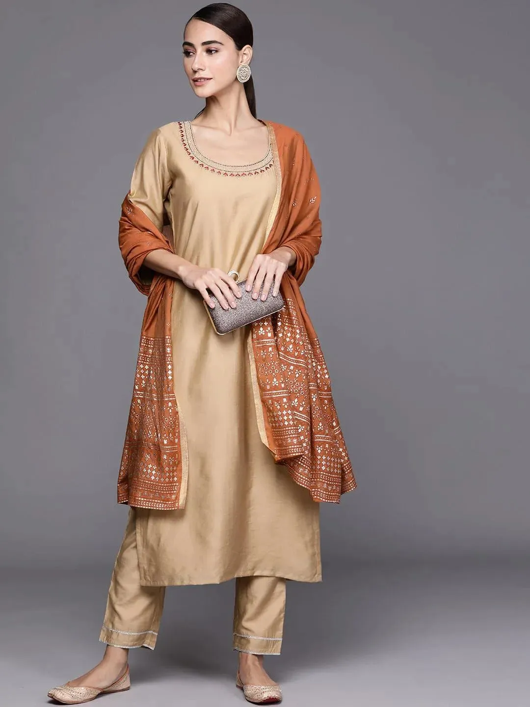 Beige Solid Chanderi Silk Straight Kurta With Dupatta