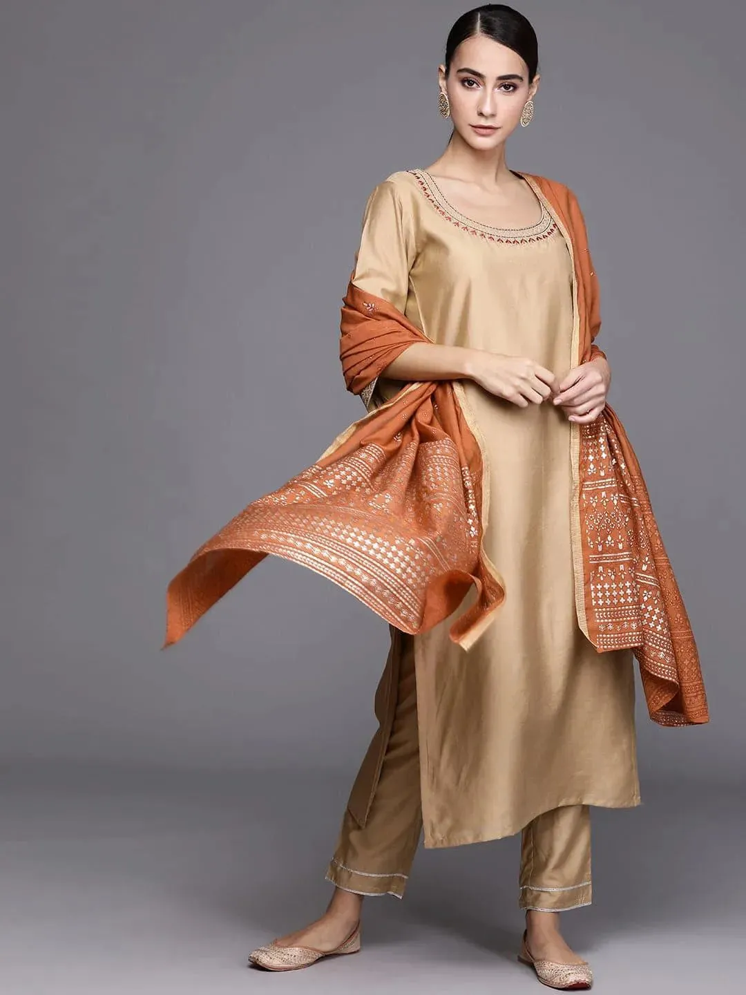 Beige Solid Chanderi Silk Straight Kurta With Dupatta