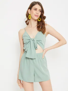 Berrylush Women Solid Green Sleeveless Front Tie-Knot Jumpsuit