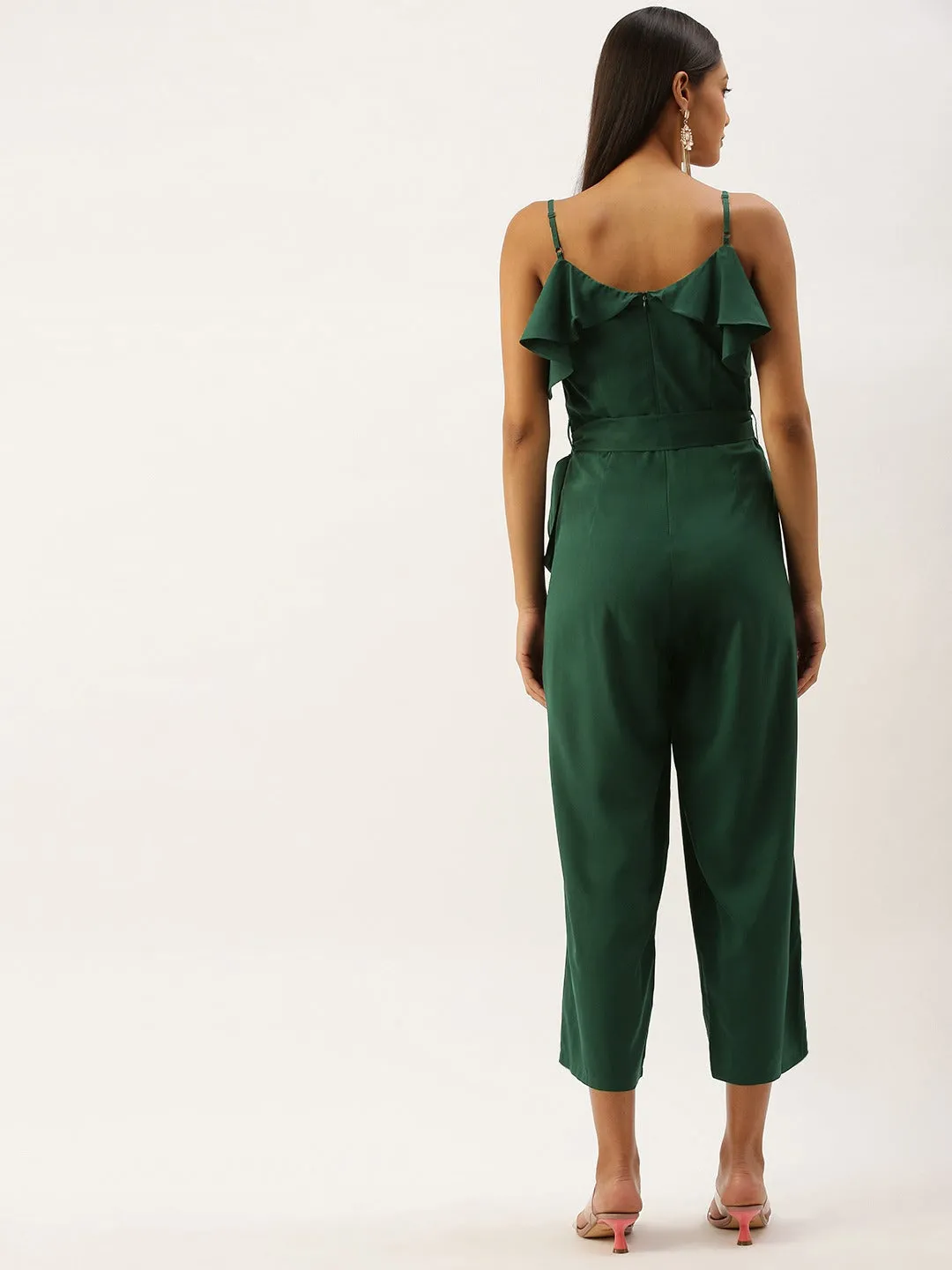 Berrylush Women Solid Green V-Neck Ruffled Jumpsuit