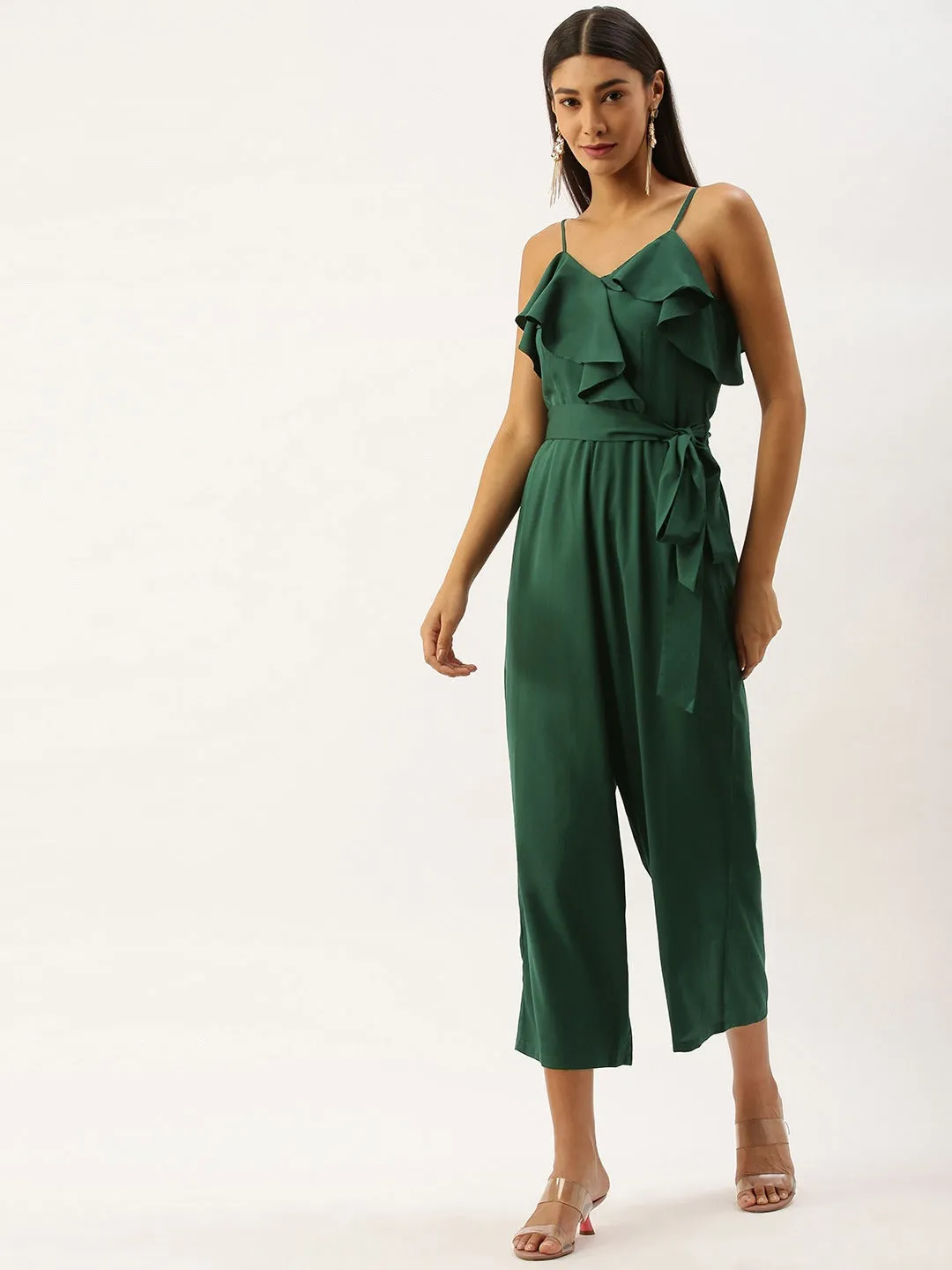 Berrylush Women Solid Green V-Neck Ruffled Jumpsuit