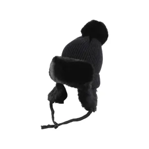 Black Chunky Knit Pom-Pom Trapper Style Hat