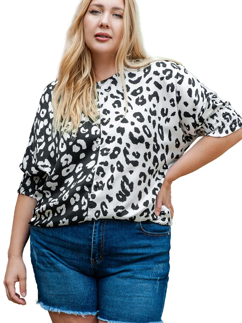 Black Plus Size Contrast Leopard Half Sleeve Blouse