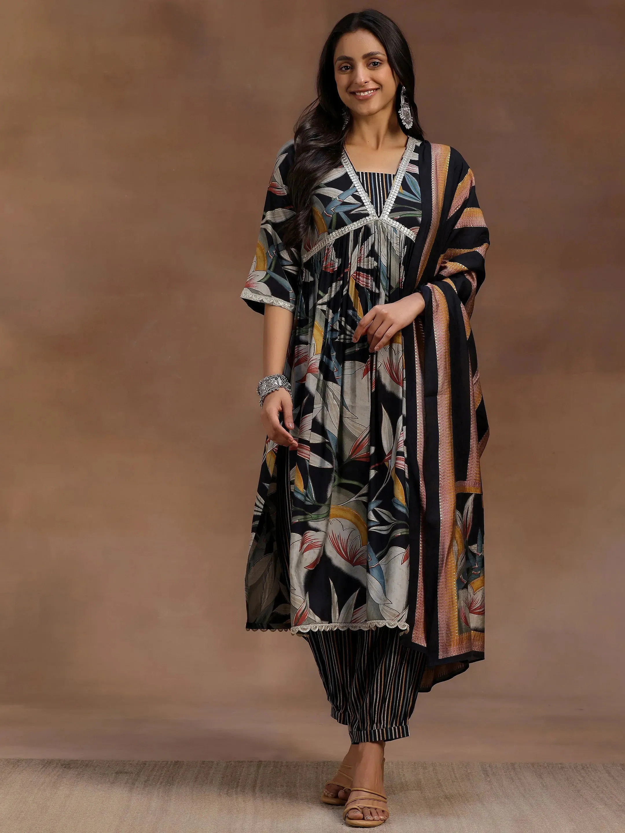 Black Printed Silk Blend A-Line Kurta With Salwar & Dupatta