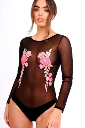 Black Sheer Mesh Embroidered Long Sleeved Bodysuit - Malina