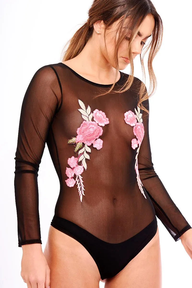 Black Sheer Mesh Embroidered Long Sleeved Bodysuit - Malina