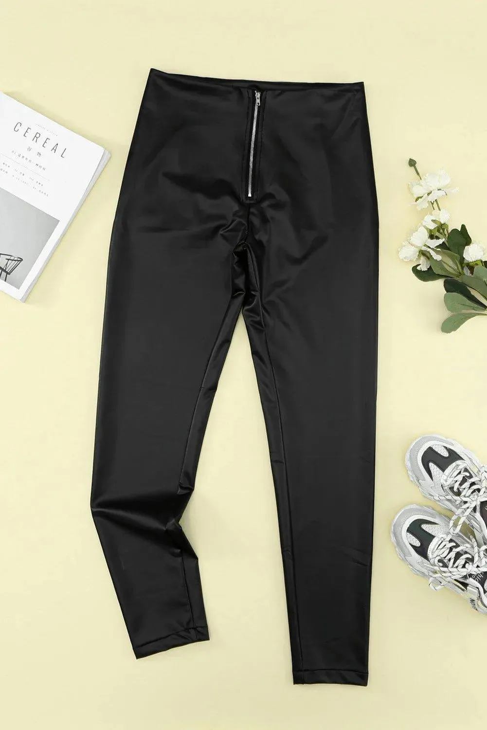 Black Skinny Zipper Pu Pants