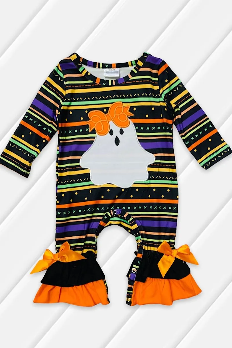 Black Stripe Ghost Halloween Fall Baby Onesie Ruffled Romper