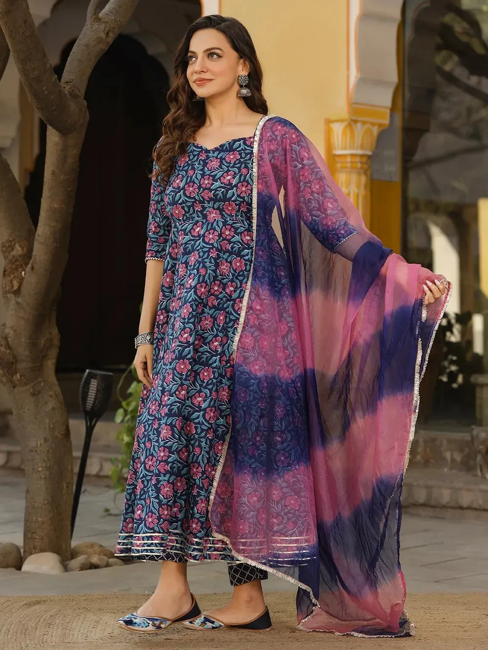 Blue & Pink Cotton Printed Anarkali Suit Set with Tie Dye Organza Dupatta