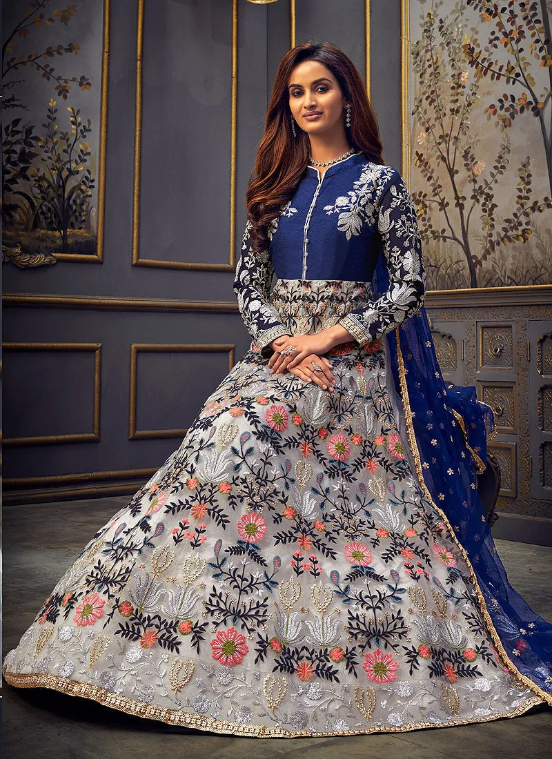 Blue Floral Embroidered Anarkali Suit