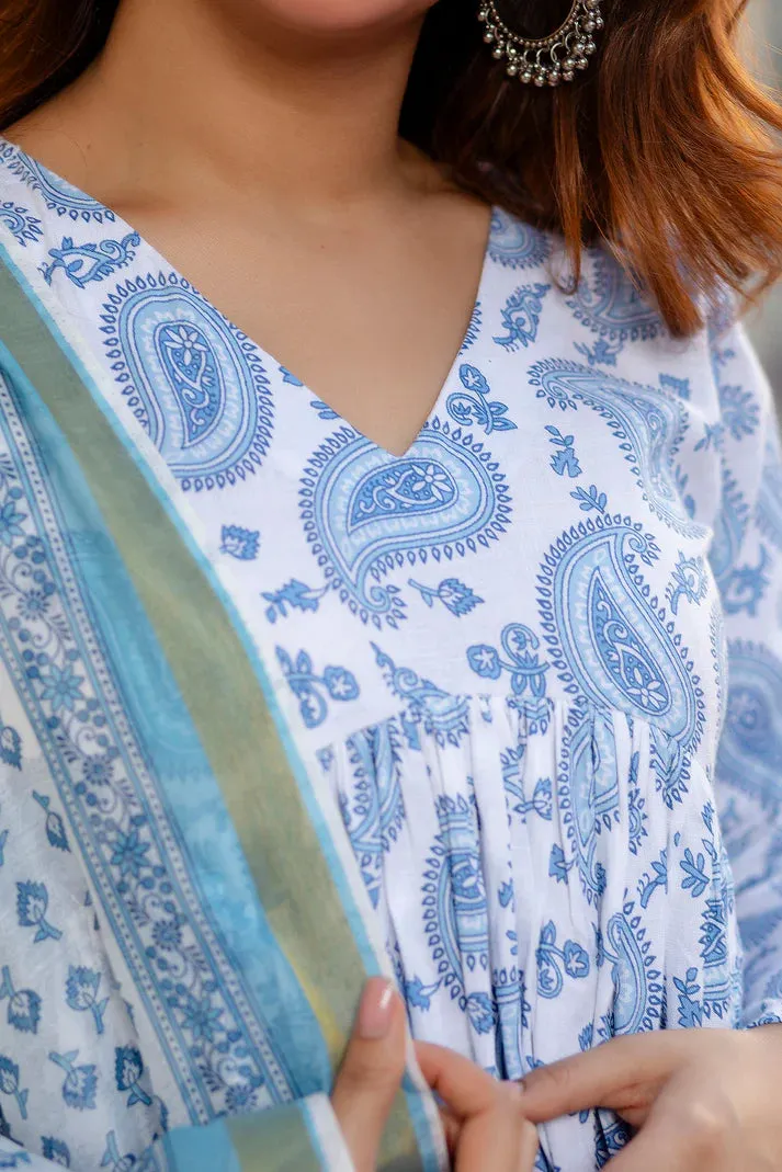 Blue Viscose Block Print Suit Set with Kota Doria Dupatta