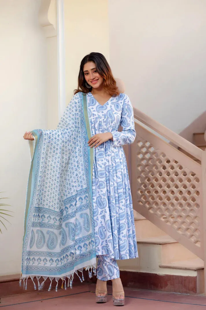 Blue Viscose Block Print Suit Set with Kota Doria Dupatta