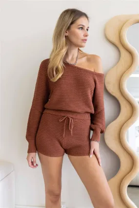 Brown Knit Cold Shoulder Top & Shorts Set /3-2-1