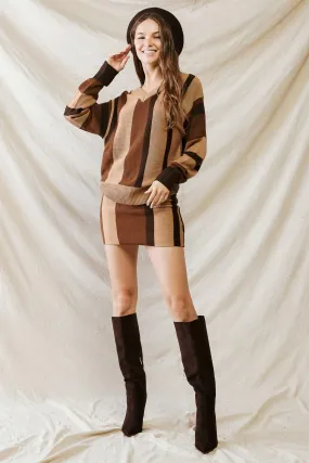 Brown Multi Colorblock Knit V-Neck Sweater & High Waist Mini Skirt Set /1-2-2-1