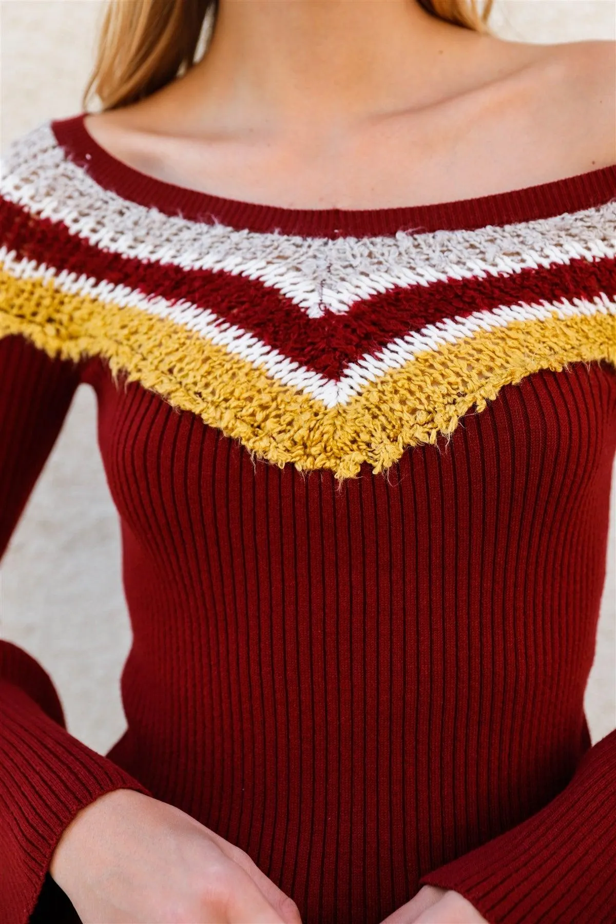 Burgundy Multi Stripe Knit Bell Sleeve Sweater /2-2-2