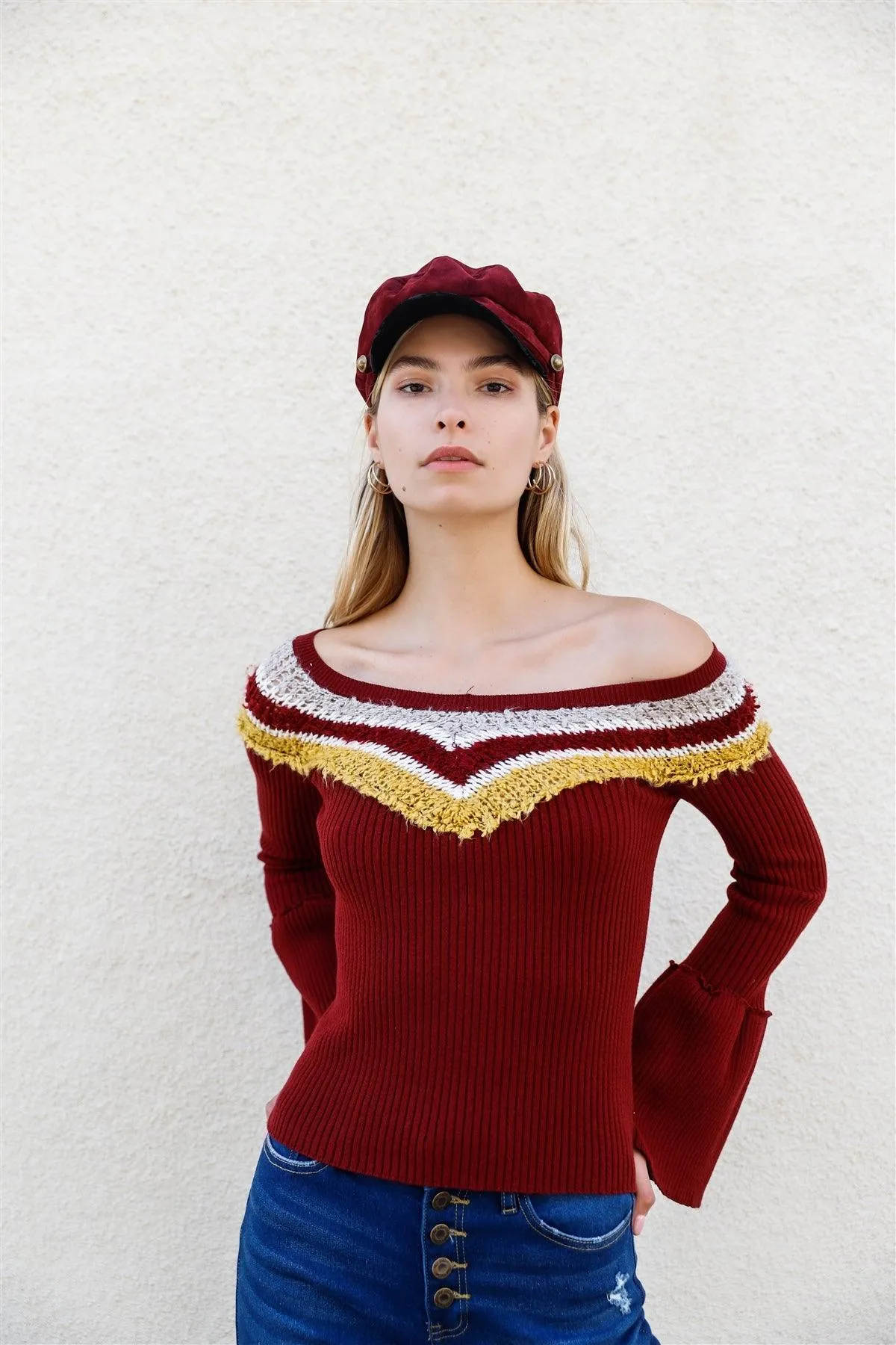 Burgundy Multi Stripe Knit Bell Sleeve Sweater /2-2-2