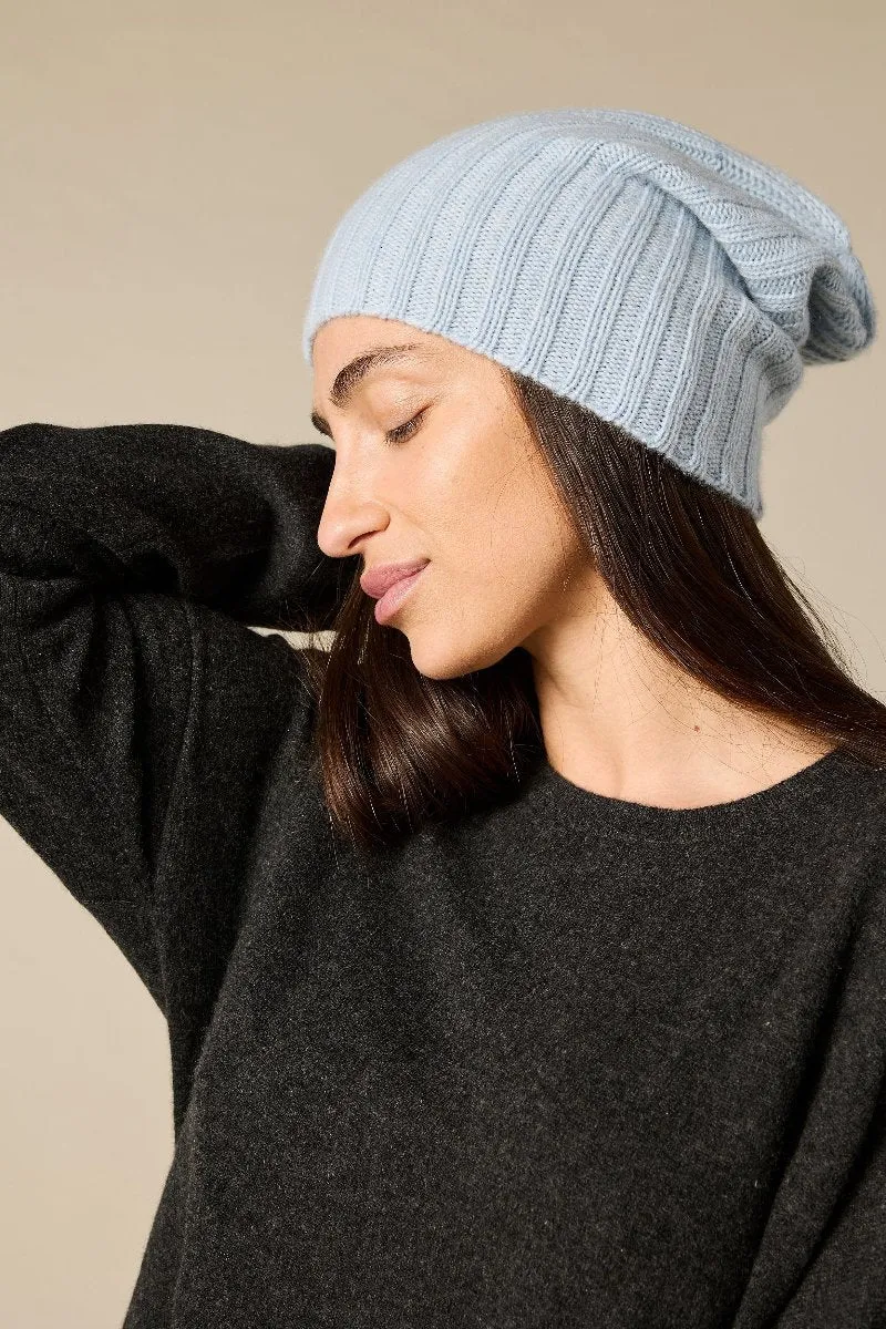 Cashmere Alex Rib Beanie in Pale Blue Marle