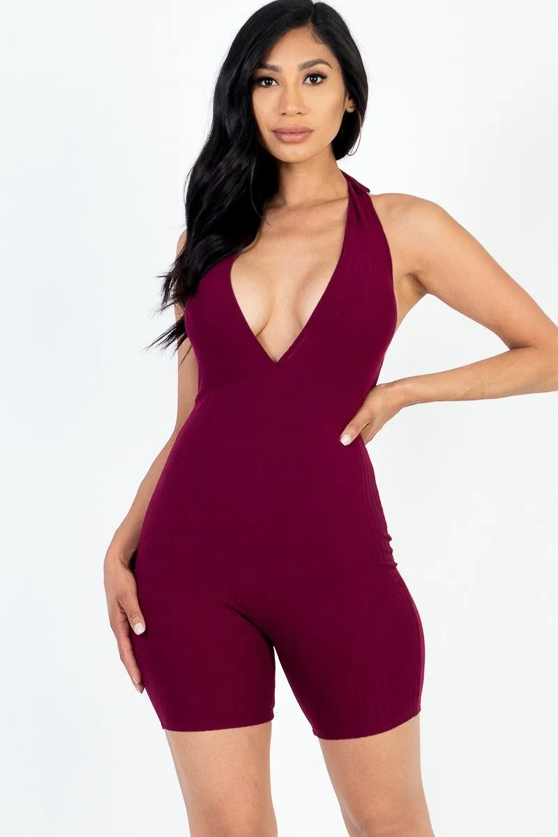 Casual Solid Halter V Neck Ribbed Bodycon Romper - Ships from The US