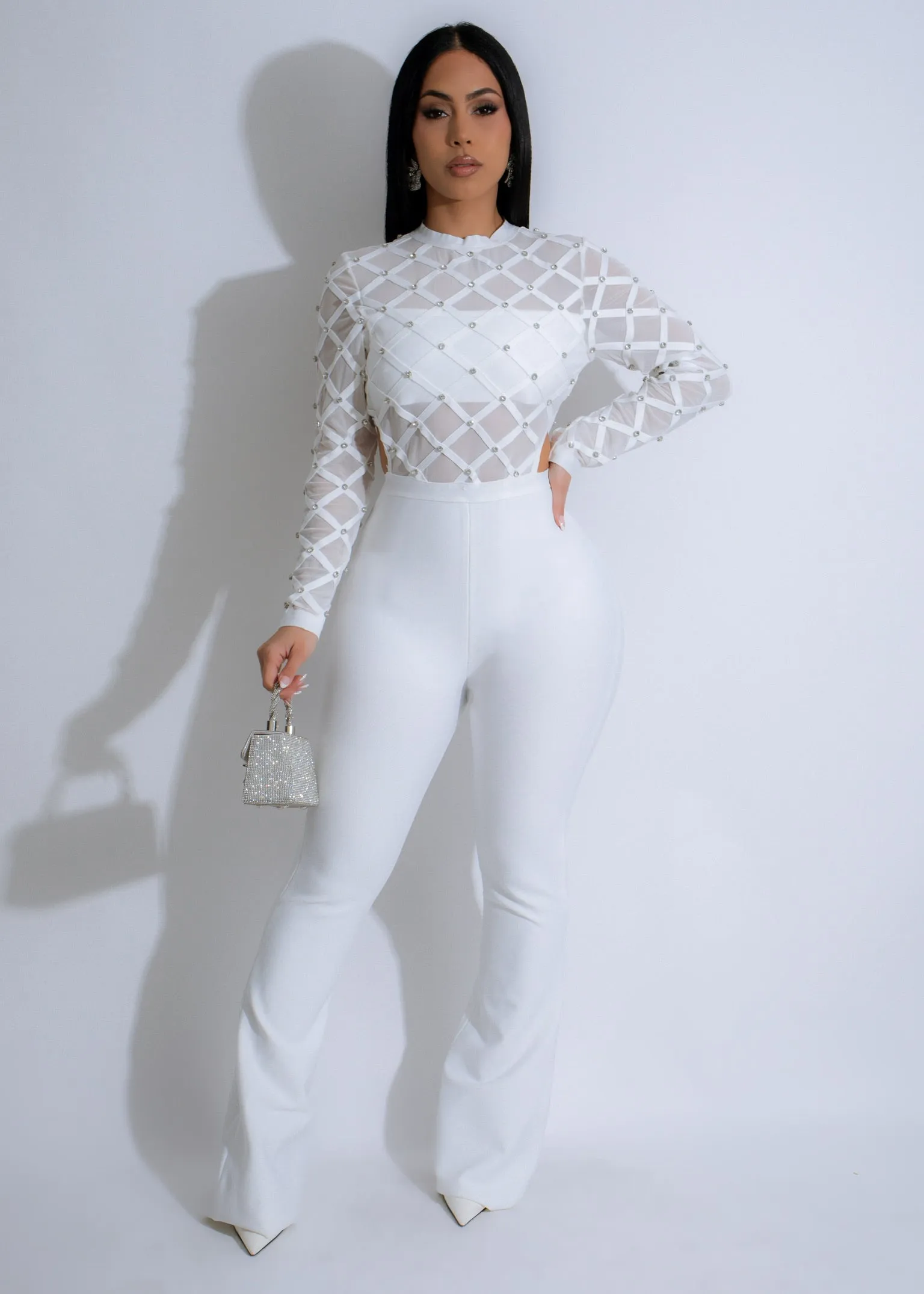 Celestial Cage Rhinestones Jumpsuit White