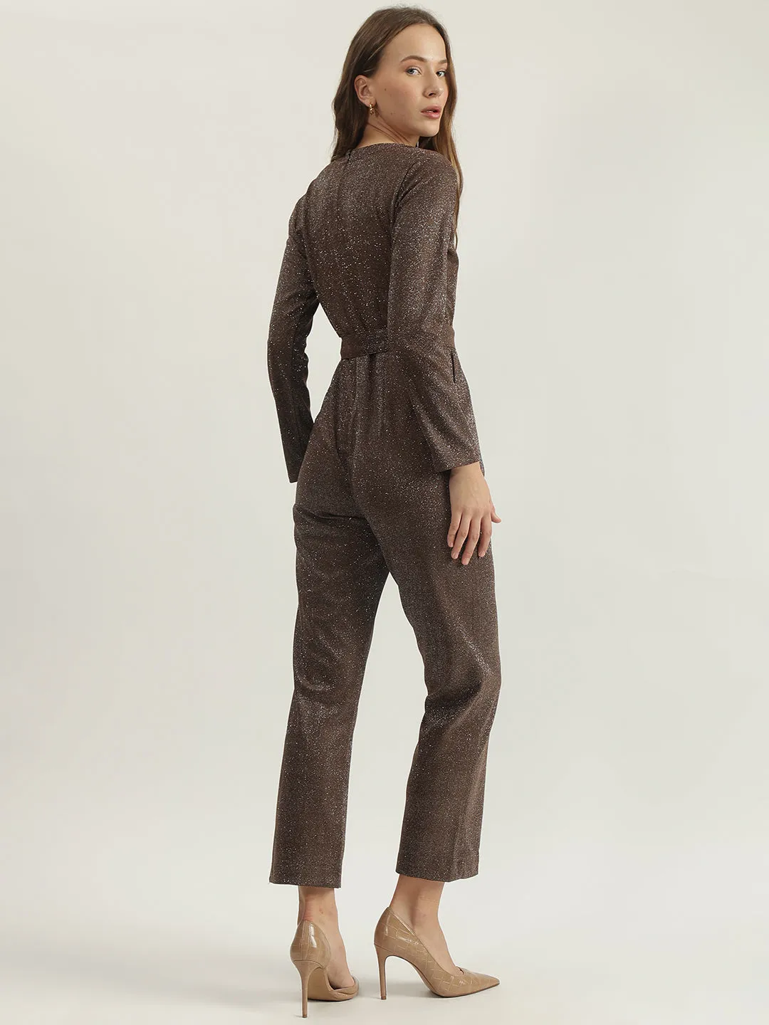 Centrestage Women Brown Printed Round Neck Full Sleeves Jumpsuit