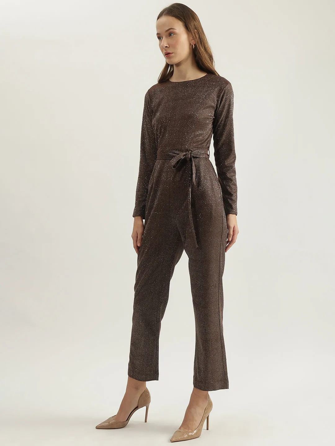 Centrestage Women Brown Printed Round Neck Full Sleeves Jumpsuit