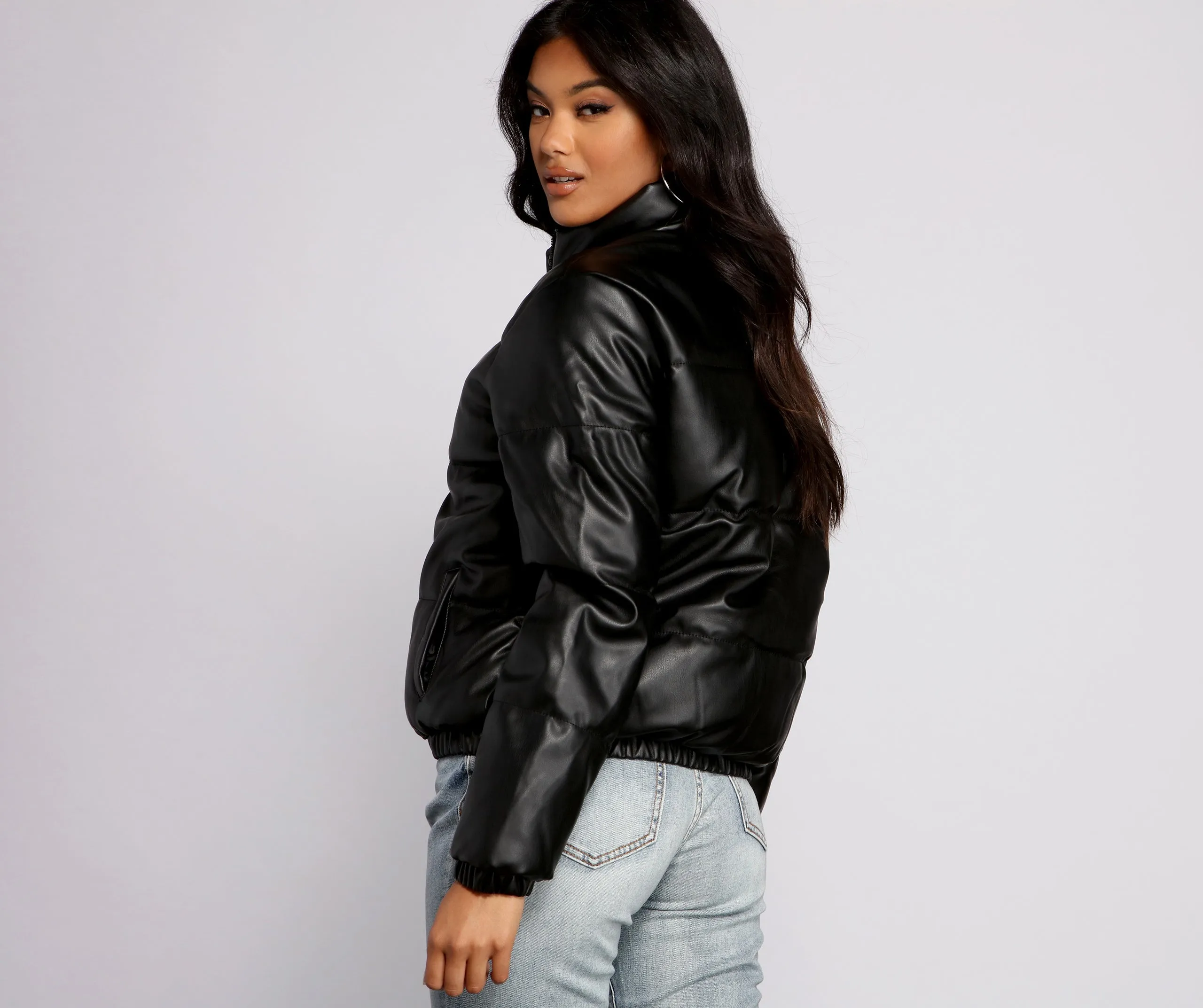 Chic Faux Leather Puffer Jacket