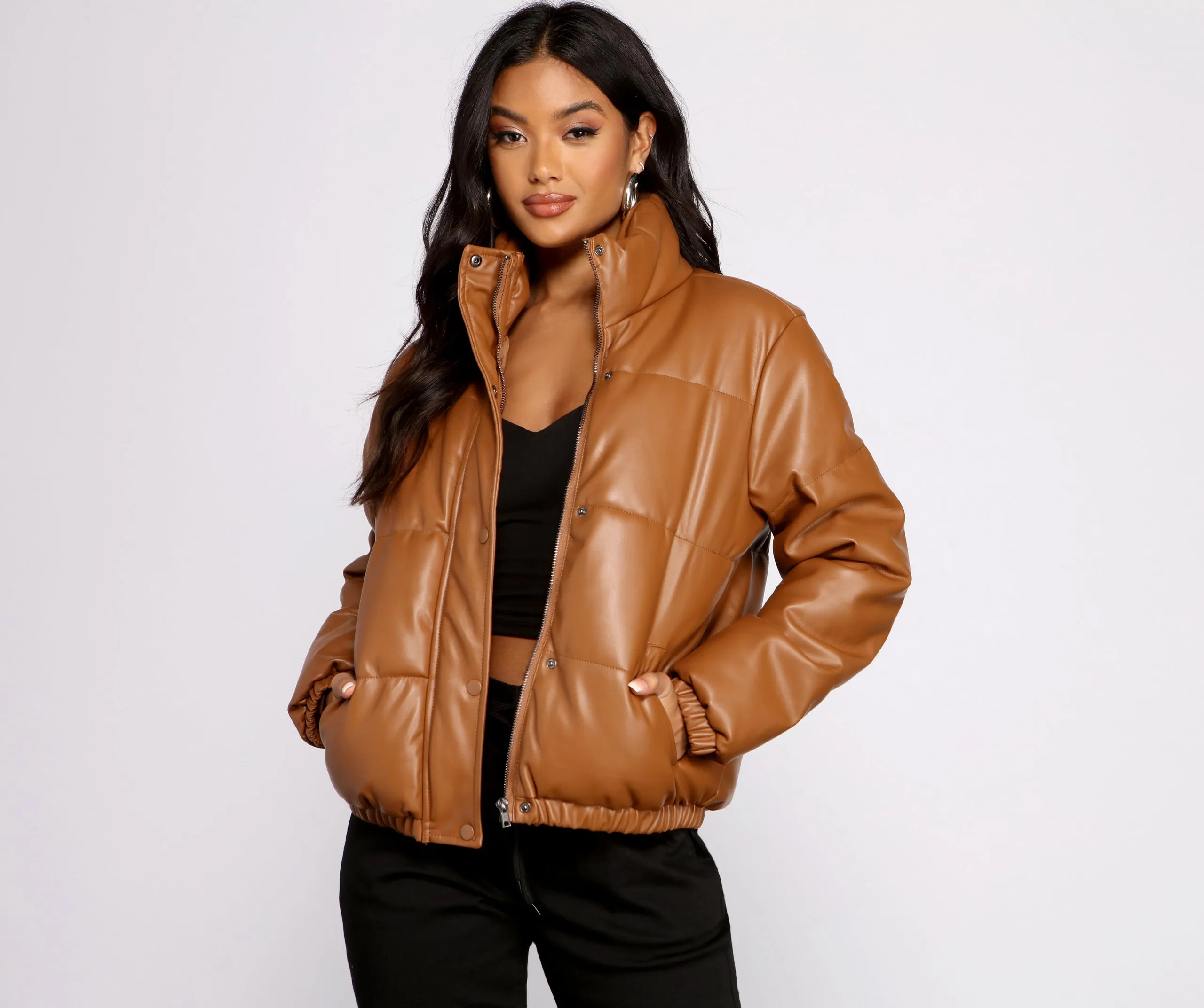 Chic Faux Leather Puffer Jacket