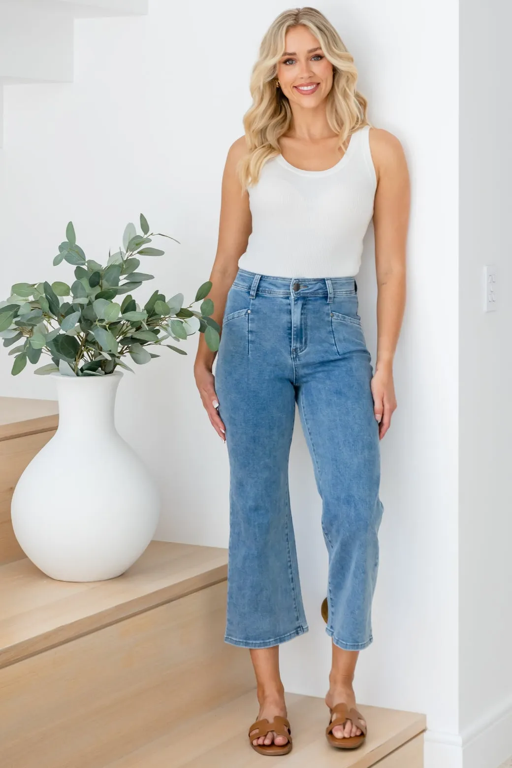 Chloe Stretch Wide Leg Crop Jeans Mid Blue Wash