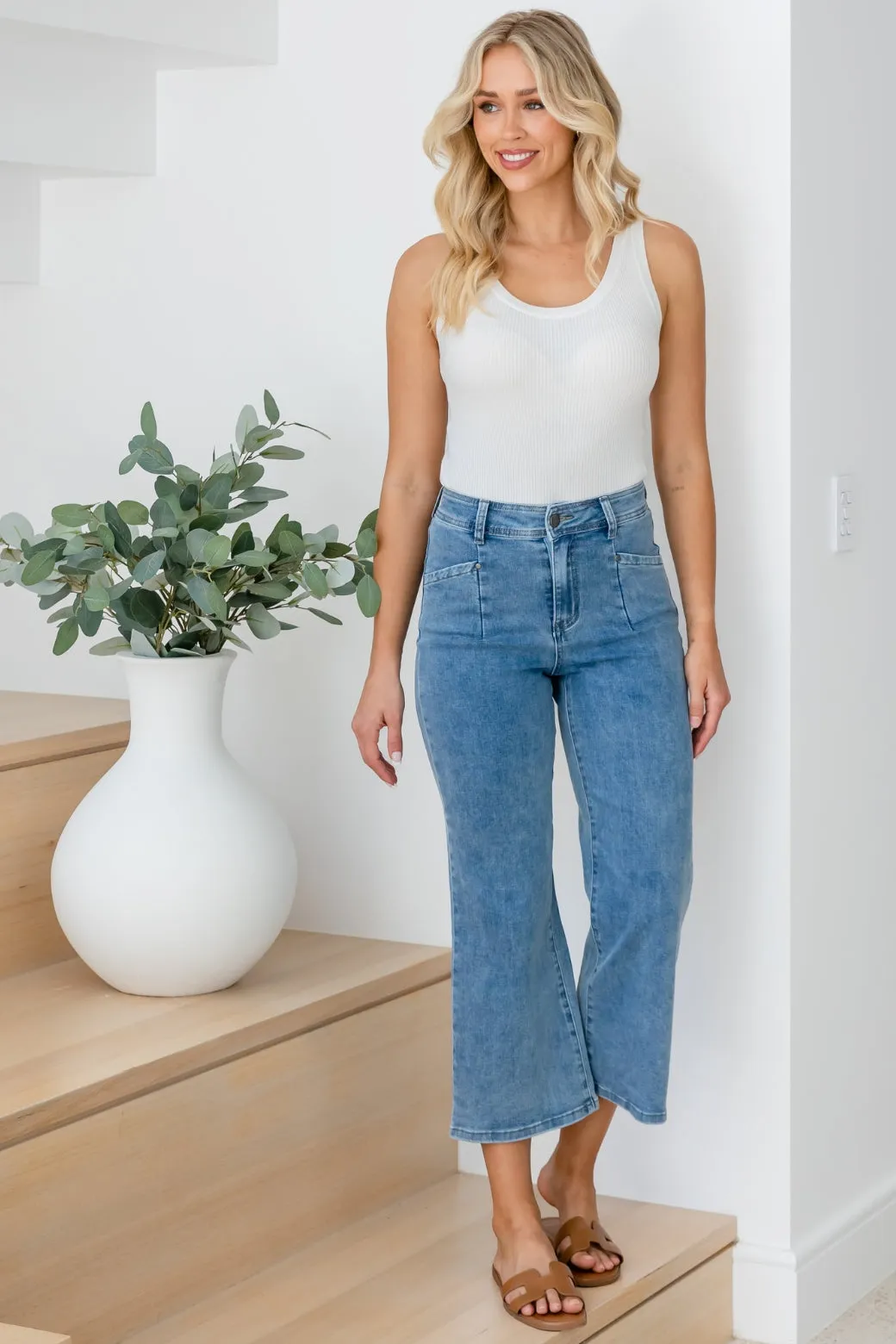 Chloe Stretch Wide Leg Crop Jeans Mid Blue Wash