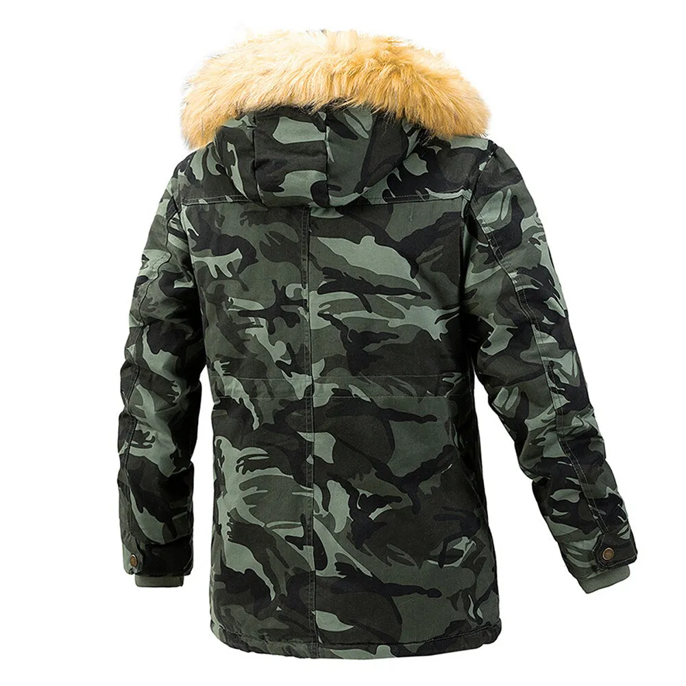 Cloudstyle Men Camouflage Cotton Coat Hooded Thick Long Winter Cozy Warm