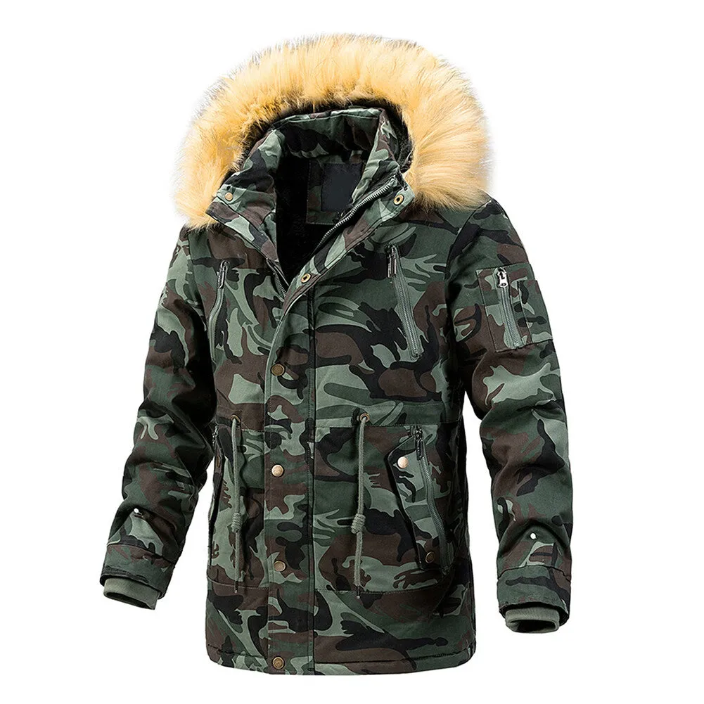 Cloudstyle Men Camouflage Cotton Coat Hooded Thick Long Winter Cozy Warm