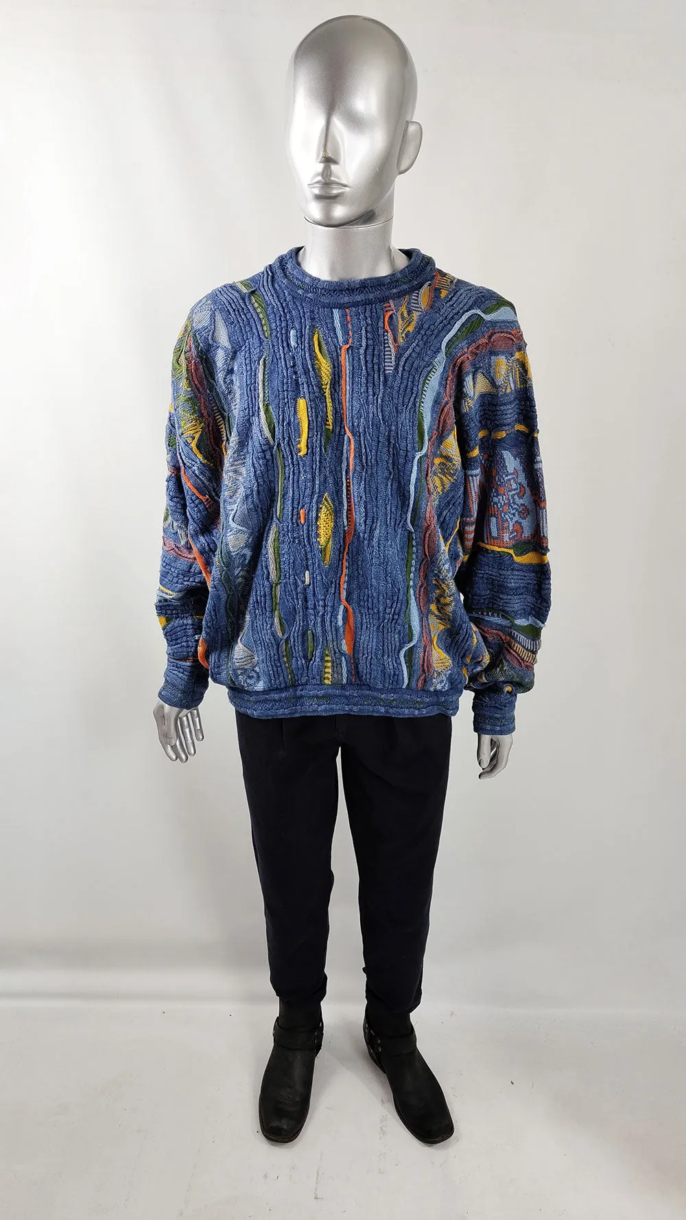 Coogi Vintage Indigo Mens Textured 3D Knit Jumper, 1990s