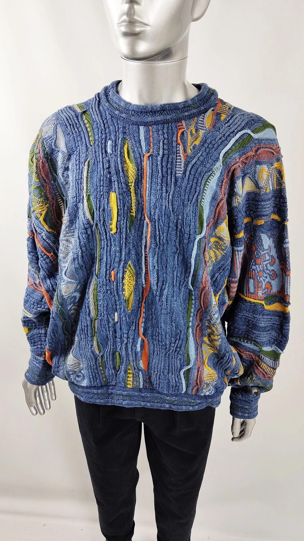 Coogi Vintage Indigo Mens Textured 3D Knit Jumper, 1990s