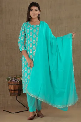 Cotton Blue- Green Printed Suit Set with Dupatta