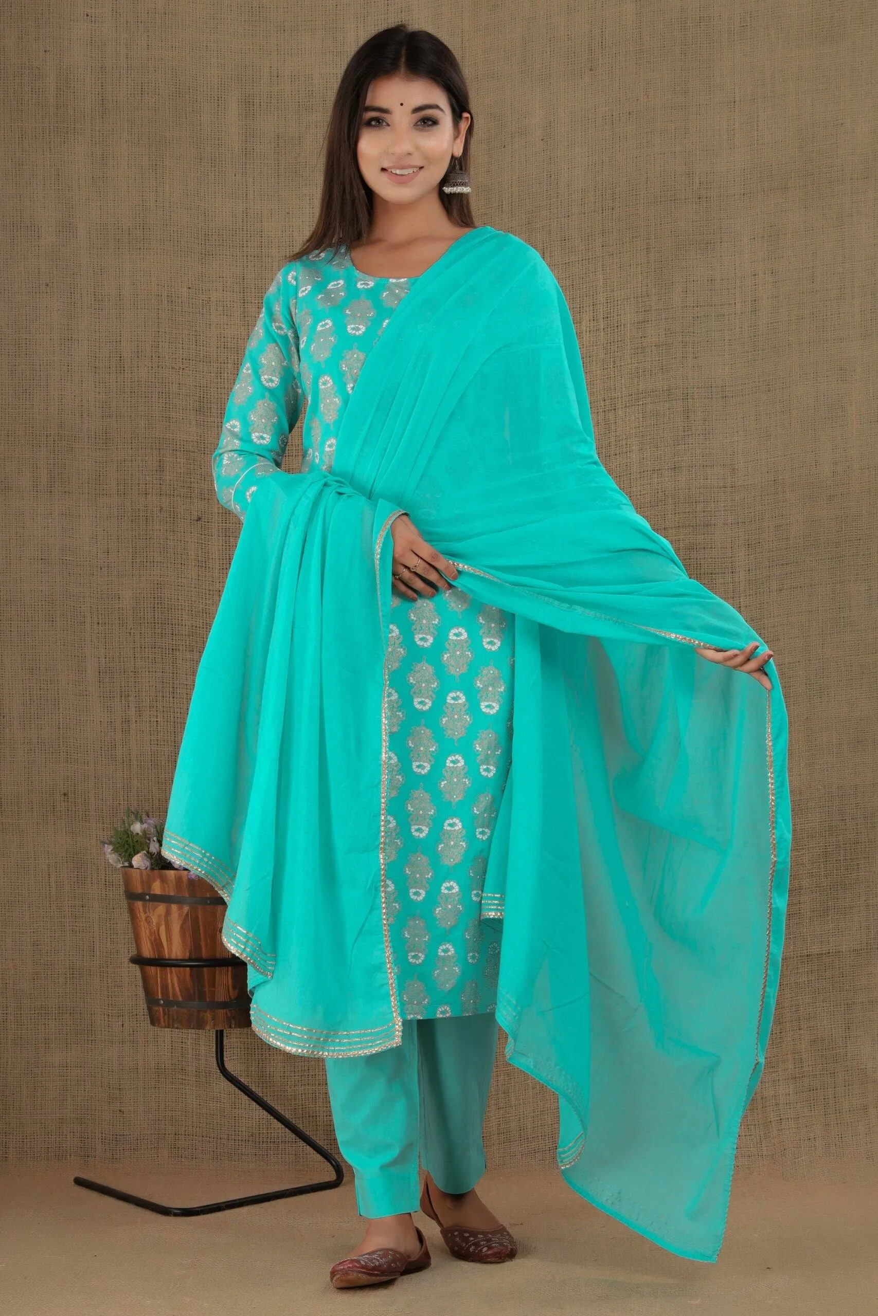 Cotton Blue- Green Printed Suit Set with Dupatta