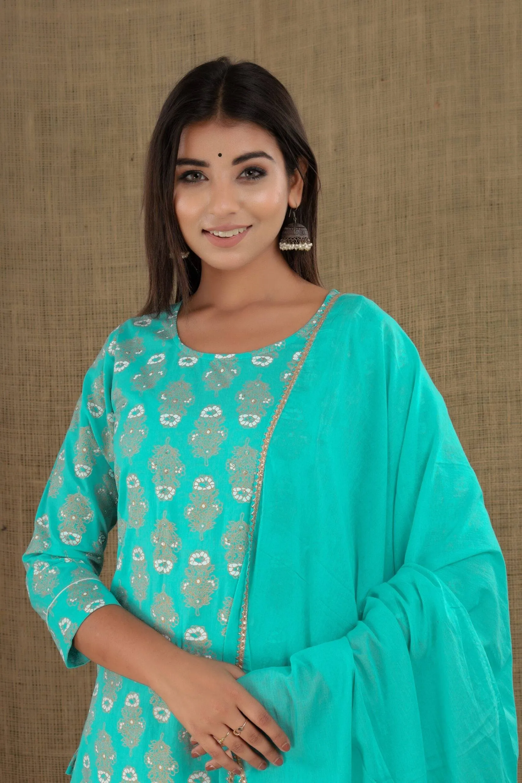 Cotton Blue- Green Printed Suit Set with Dupatta