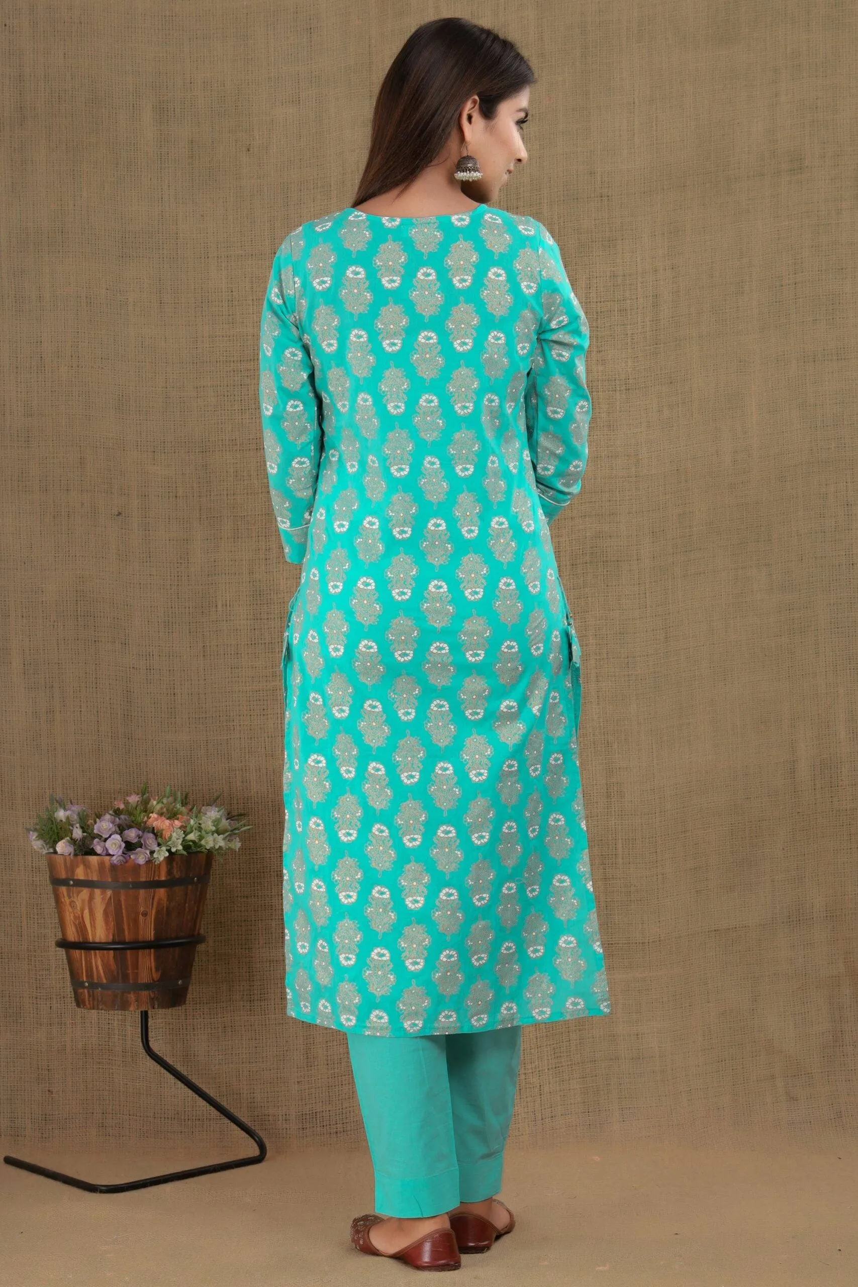 Cotton Blue- Green Printed Suit Set with Dupatta