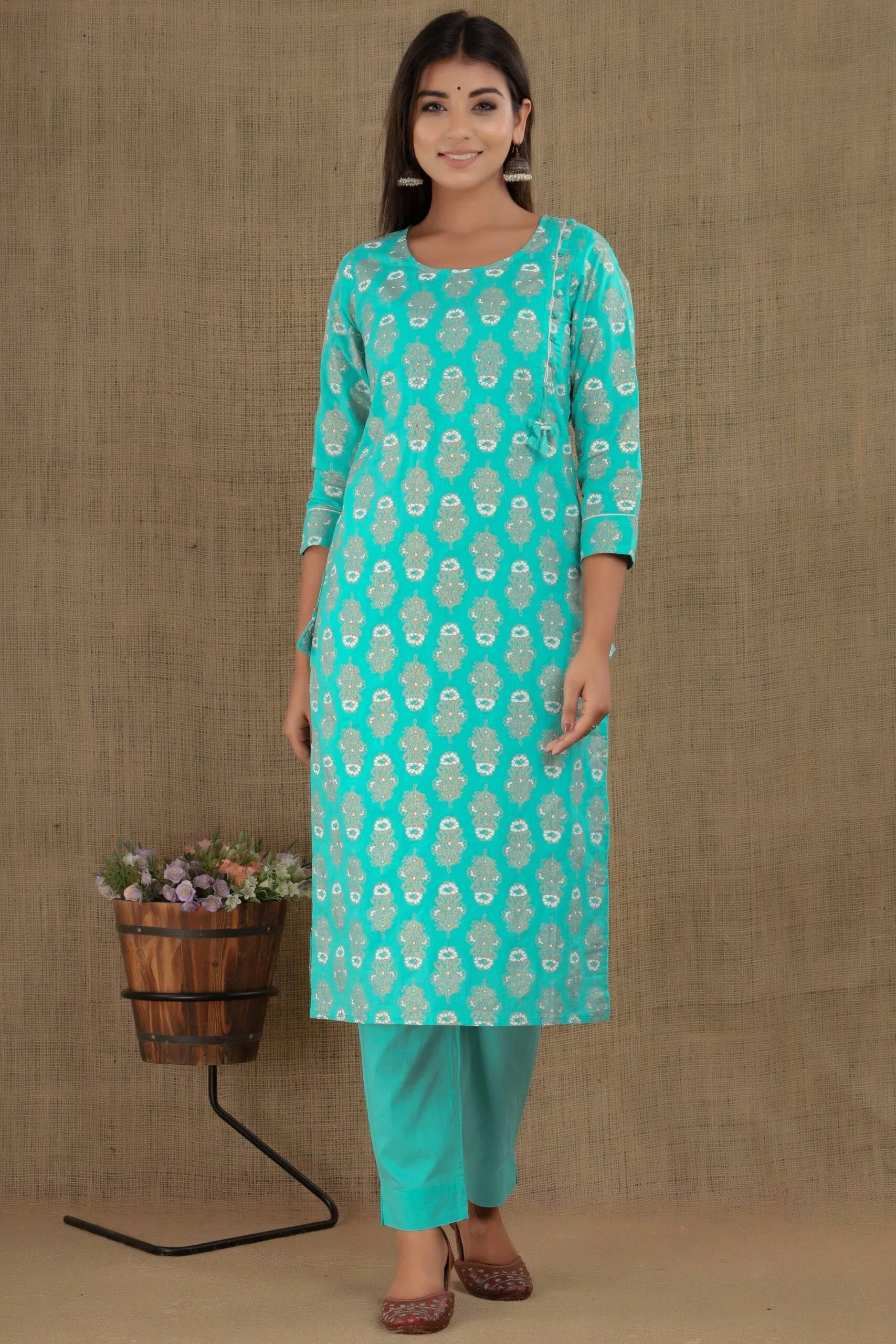 Cotton Blue- Green Printed Suit Set with Dupatta