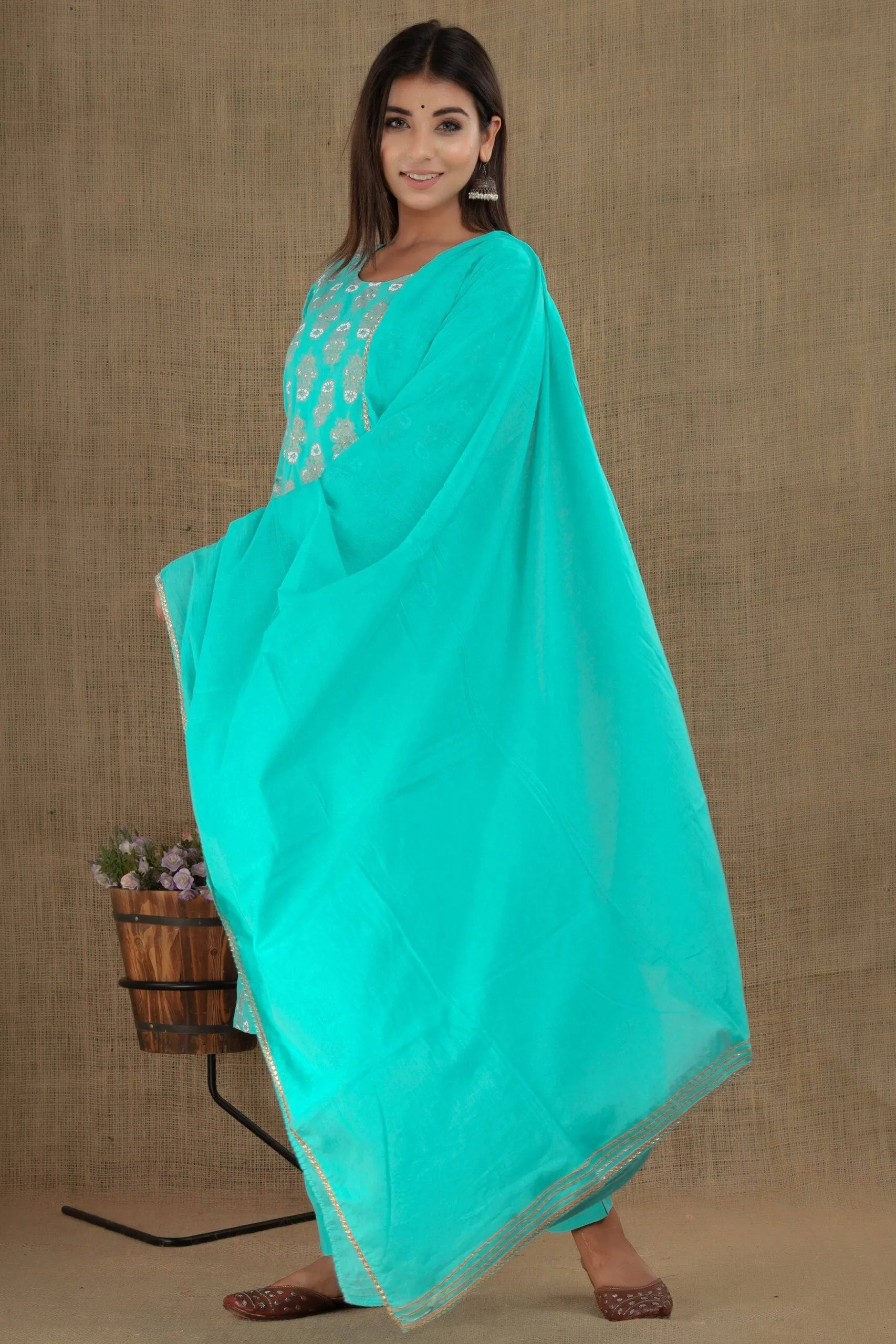 Cotton Blue- Green Printed Suit Set with Dupatta